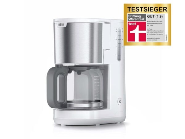 Braun PurShine KF 1500 WH Kaffeemaschine - Filterkaffeemaschine mit Glaskanne für bis zu 10 Tassen, OptiBrew-System, Automatische Abschaltung, 1000 Watt, Weiß