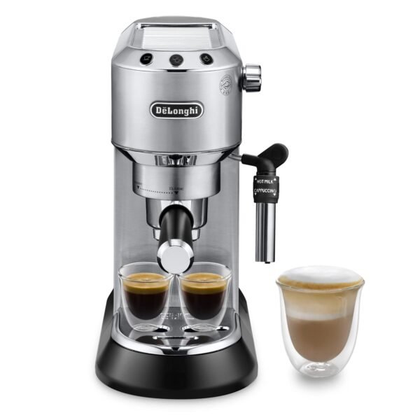De'Longhi Dedica Style EC 685.M Espresso Filter Holder Espresso Machine with Professional Milk Foam Nozzle 15 cm Wide 1 Litre Water Tank Full Metal Casing E.S.E Pads Silver
