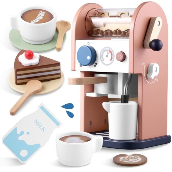 GAGAKU Children's Wooden Coffee Machine with Sound 15 Pieces Children's Kitchen Toy with Sound Children's Coffee Children Kitchen Play Kitchen Accessories Coffee Grinder Gifts...