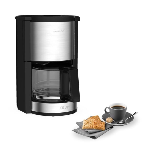 Krups KM321 Proaroma Plus Glass Coffee Maker, 10 Cups, 1100 W, Modern Design, Black with Stainless Steel Applique
