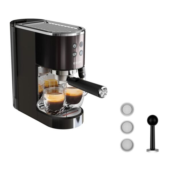 Krups XP444G Virtuoso+ Espresso Portafilter Machine, 15 Bar Pump Pressure, 3 Crema Filters, Stainless Steel Steam Nozzle, Intuitive Control Panel, Rotary, Includes Dosing...