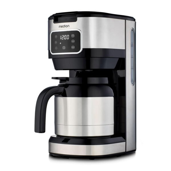 MEDION MD11019 Coffee Machine with Thermos Flask and Timer (Filter Machine, 10 Cups, 1.25 Litres, 900 Watt, Timer Timer, Anti-Drop, Display, MD11019) Stainless Steel
