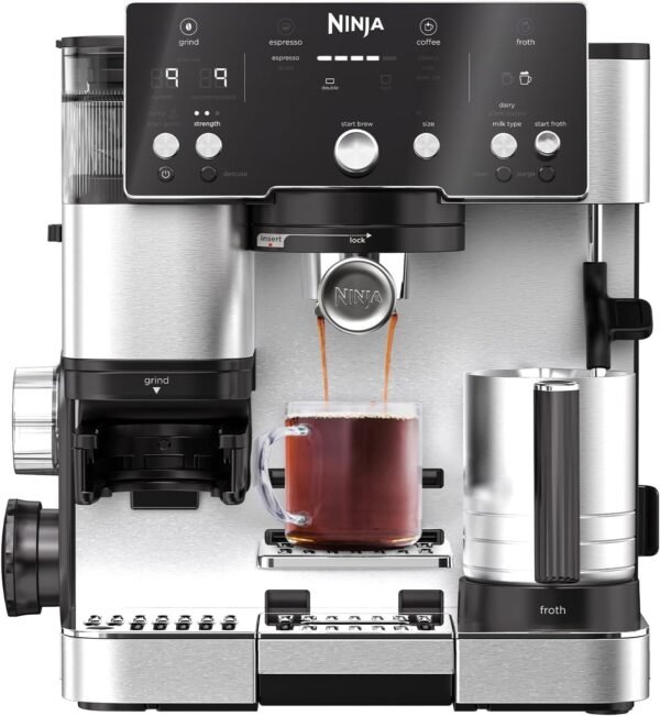 Ninja Luxe Essential ES501EU 2-in-1 Coffee Maker with Grinder and Frother for Latte, Cappuccino & Espresso, Easy to Use, 2 Presets for Frothing, Silver
