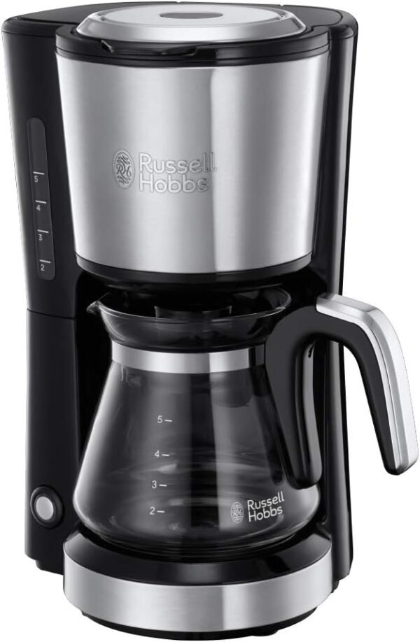 Russell Hobbs mini coffee machine compact stainless steel, 0.6l glass jug, up to 5 cups, space-saving, permanent filter, automatic switch-off, 650 watts, hot plate, compact...