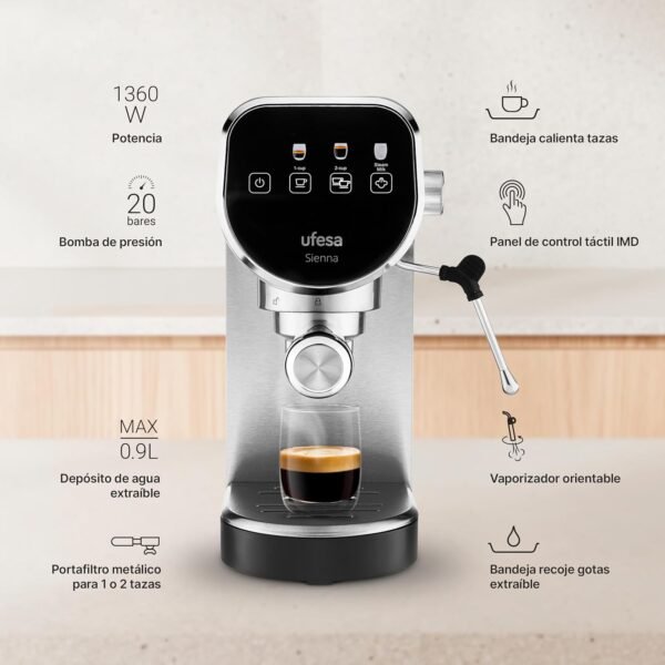 UFESA Sienna Espressomaschine mit 20 Bar Druck und digitalem Touchpanel für perfekten Cappuccino